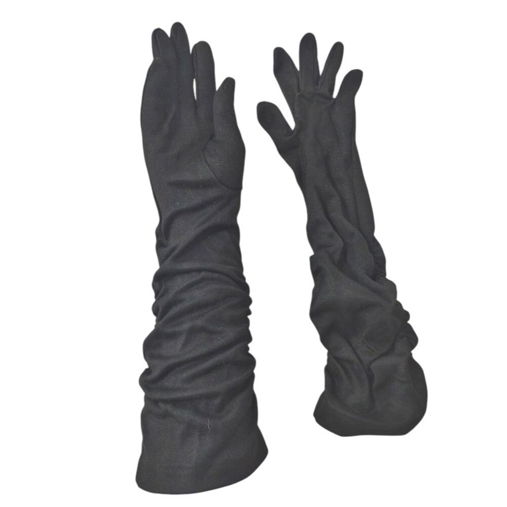 Vintage Black Elbow Length Gloves 60s Stretch Knit Elastic Rouching Detail Retro